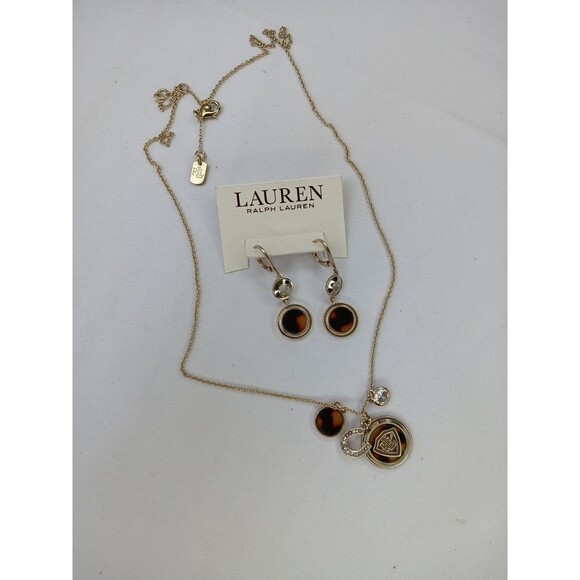 Lauren Ralph Lauren Tortoise Color Drop Earrings & Necklace Set 26" LRL Charms - Picture 1 of 7